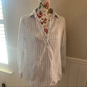 JNY linen blouse sheer lightweight fabric striped with v neckline, all linen